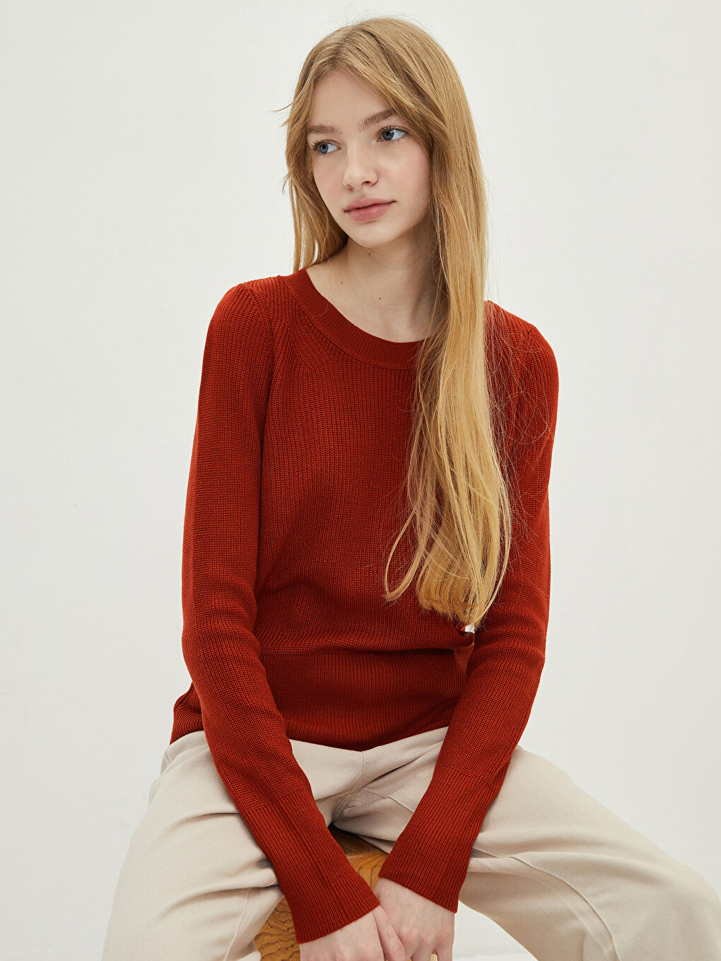 Kahverengi Bisiklet Yaka Düz Uzun Kollu Kadın Triko Kazak-1