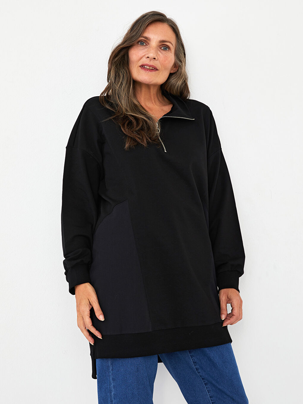 Суитчър с дълъг ръкав и яка тип фуния за жени с цветен блок-2