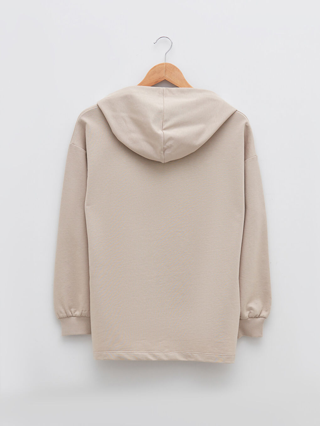 Bej Kapüşonlu Düz Uzun Kollu Kadın Sweatshirt Tunik-5