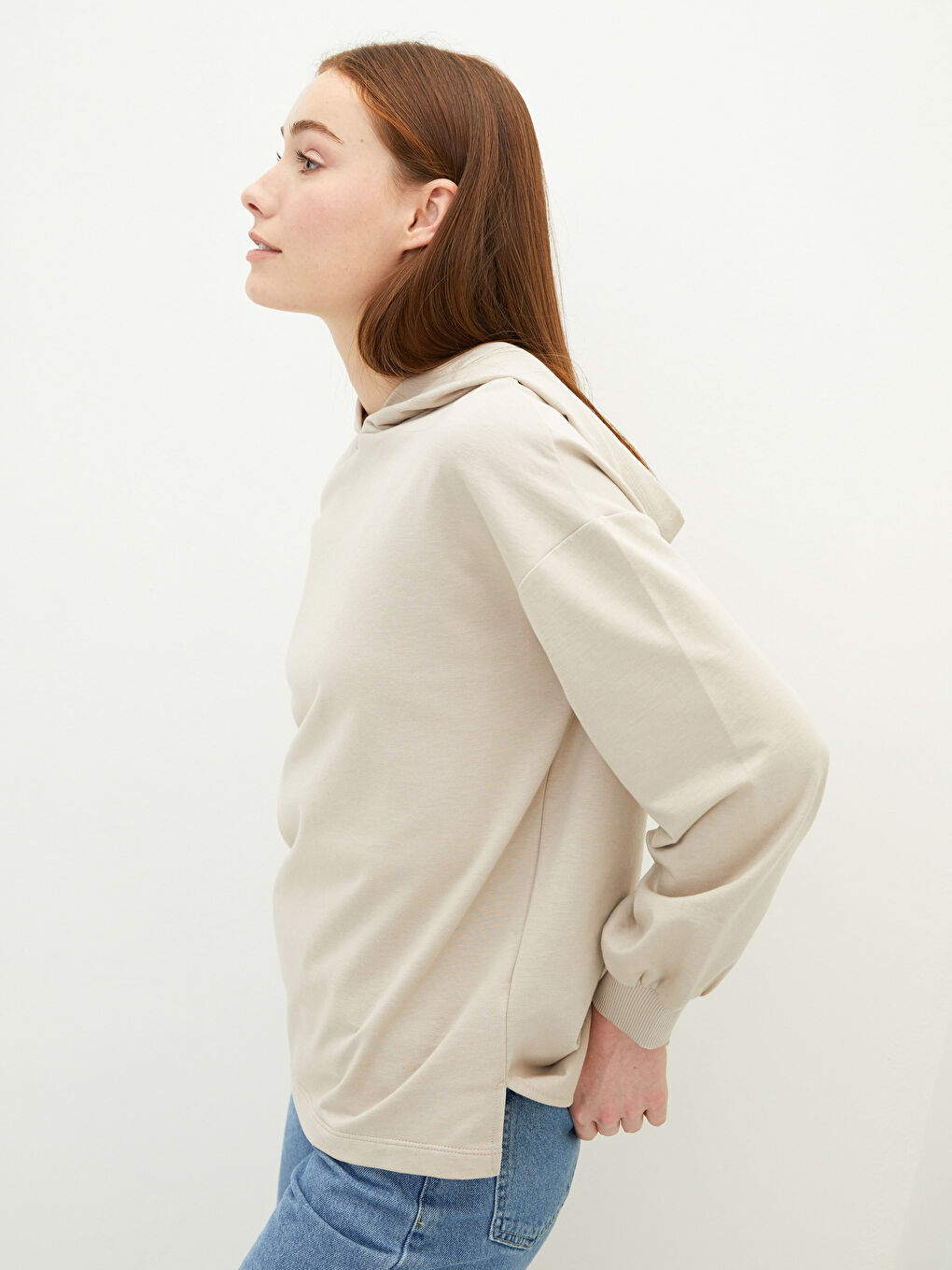Bej Kapüşonlu Düz Uzun Kollu Kadın Sweatshirt Tunik
