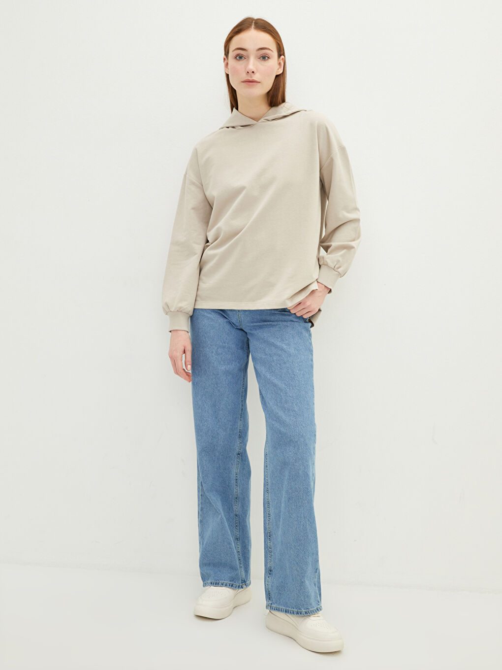 Bej Kapüşonlu Düz Uzun Kollu Kadın Sweatshirt Tunik-1