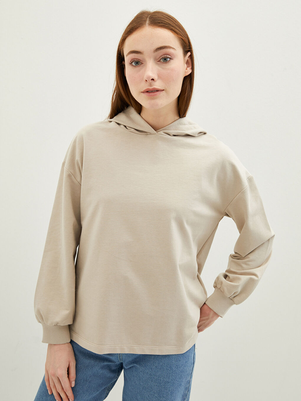 Bej Kapüşonlu Düz Uzun Kollu Kadın Sweatshirt Tunik-2