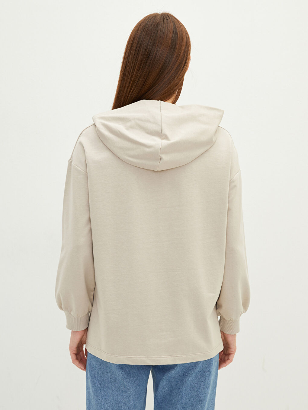 Bej Kapüşonlu Düz Uzun Kollu Kadın Sweatshirt Tunik-3