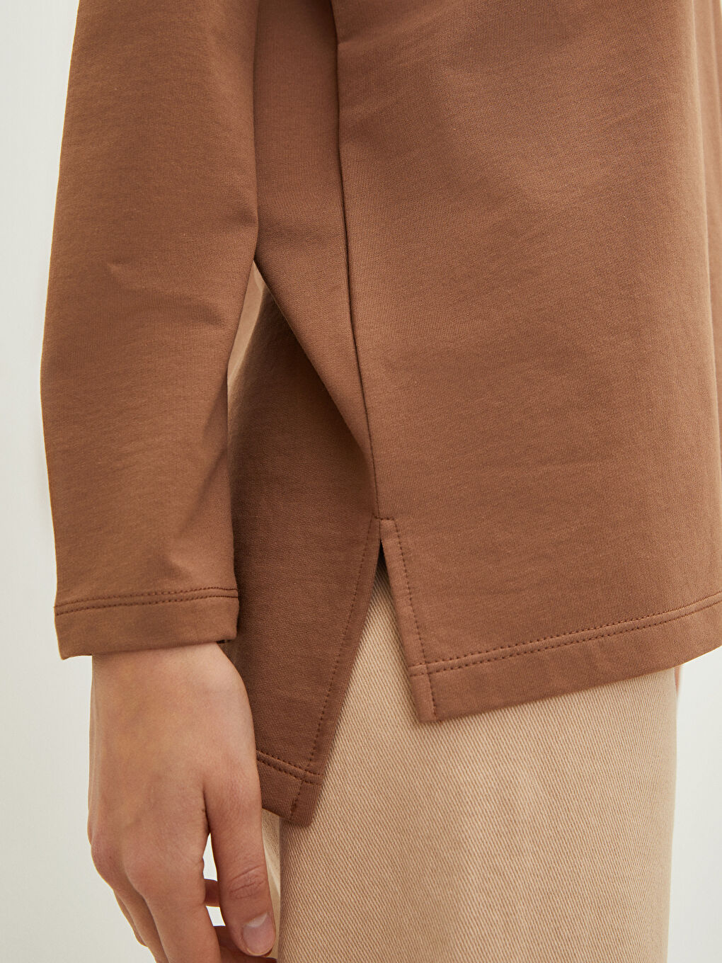 Kahverengi Bisiklet Yaka Düz Uzun Kollu Kadın Sweatshirt Tunik-2