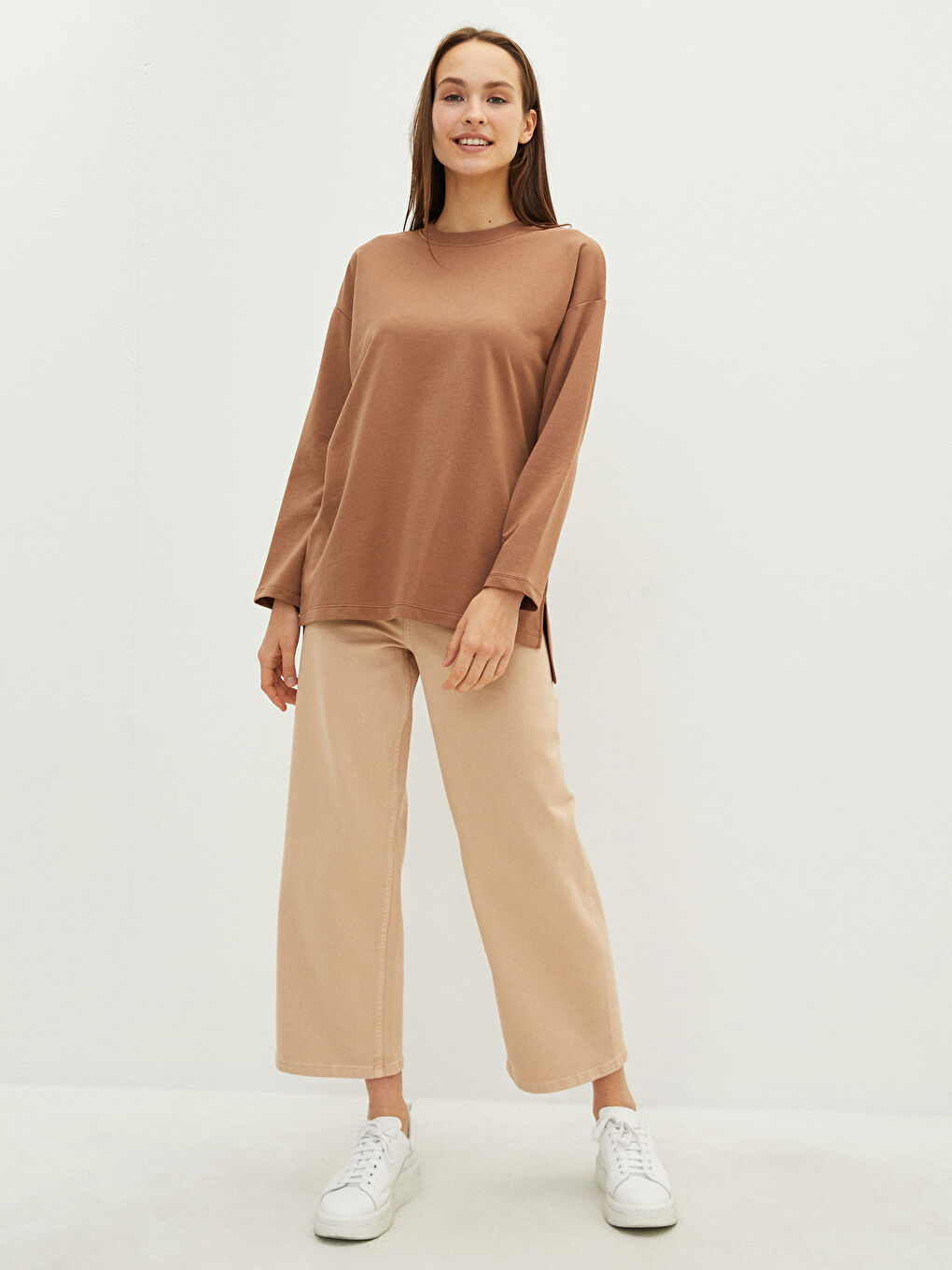 Kahverengi Bisiklet Yaka Düz Uzun Kollu Kadın Sweatshirt Tunik-3