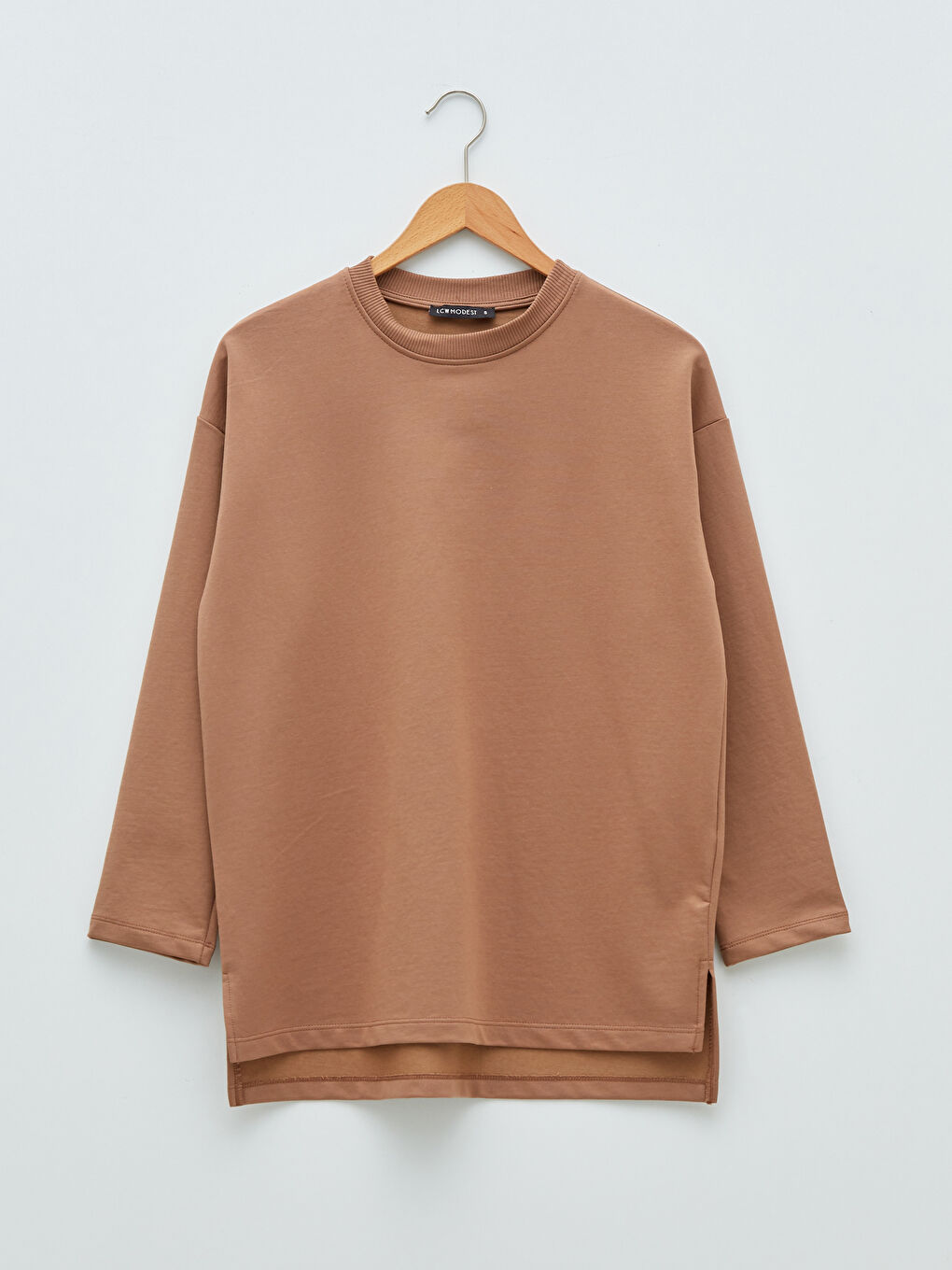 Kahverengi Bisiklet Yaka Düz Uzun Kollu Kadın Sweatshirt Tunik-5