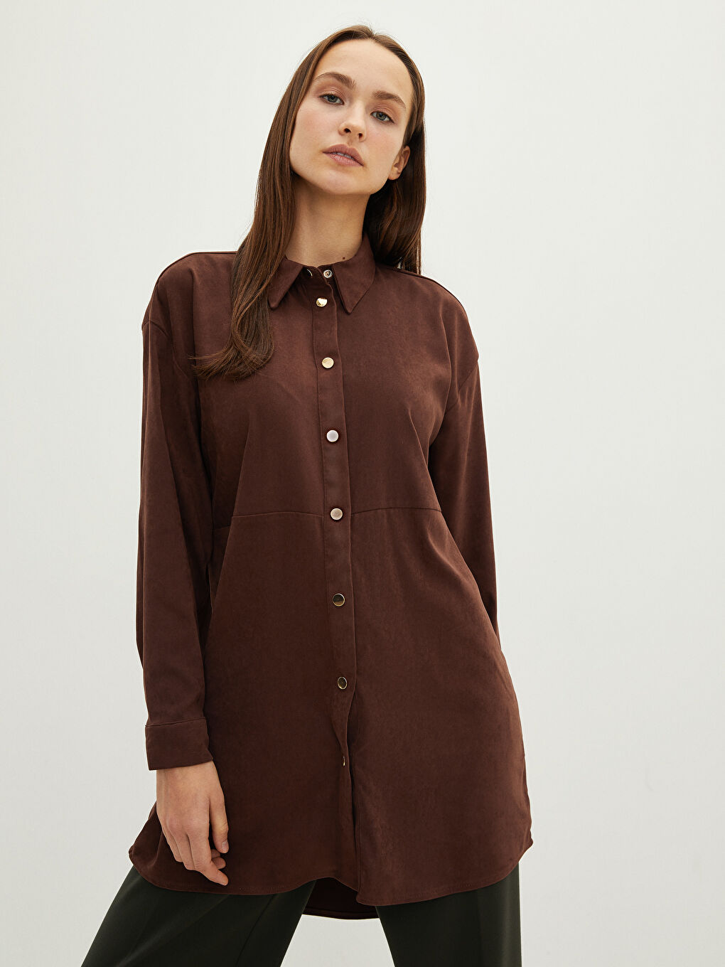 Tunique en chemise unie à manches longues surdimensionnée en suède pour femmes