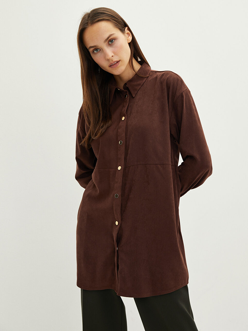 Tunique en chemise unie à manches longues surdimensionnée en suède pour femmes-1