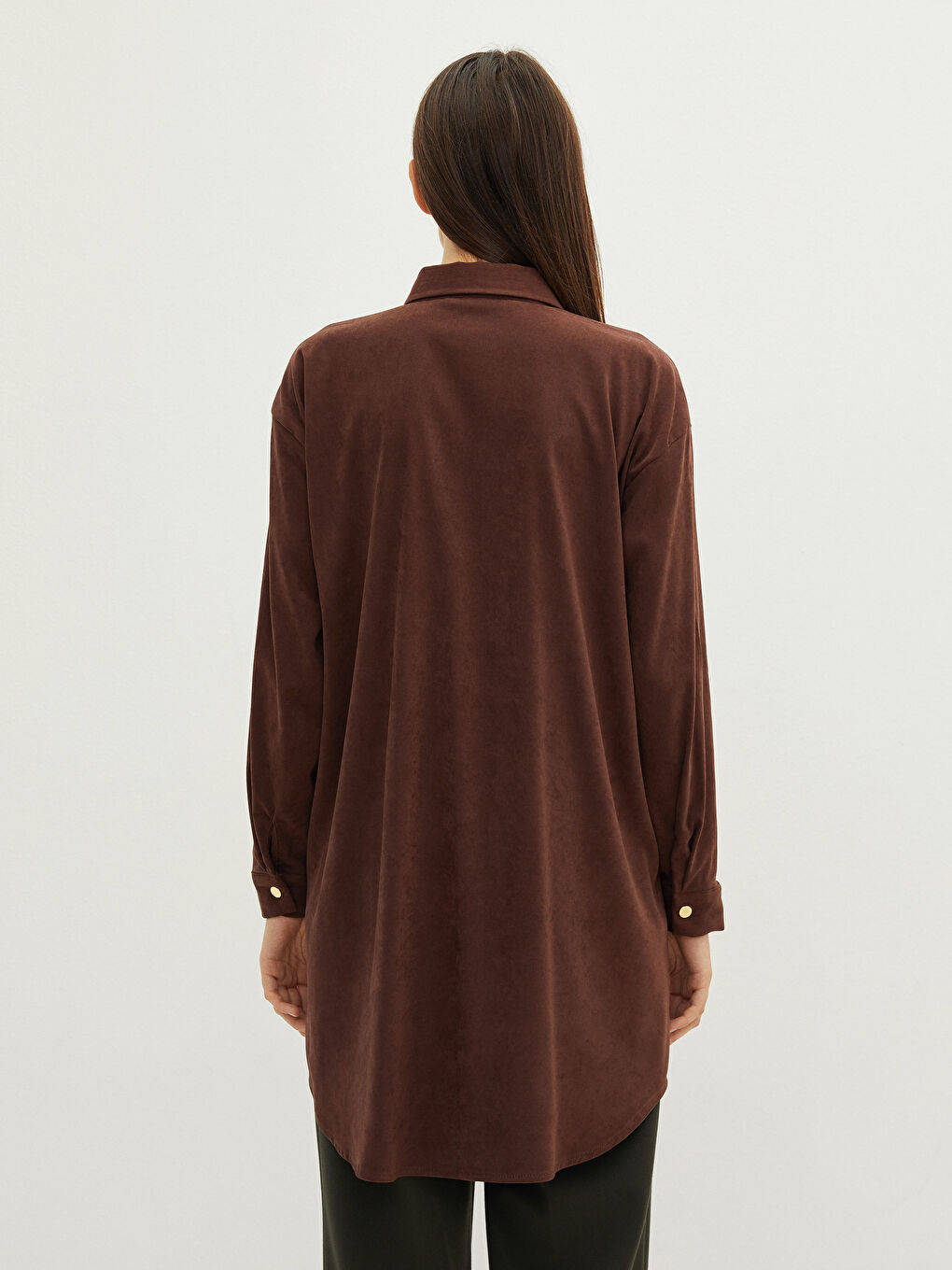 Tunique en chemise unie à manches longues surdimensionnée en suède pour femmes-4