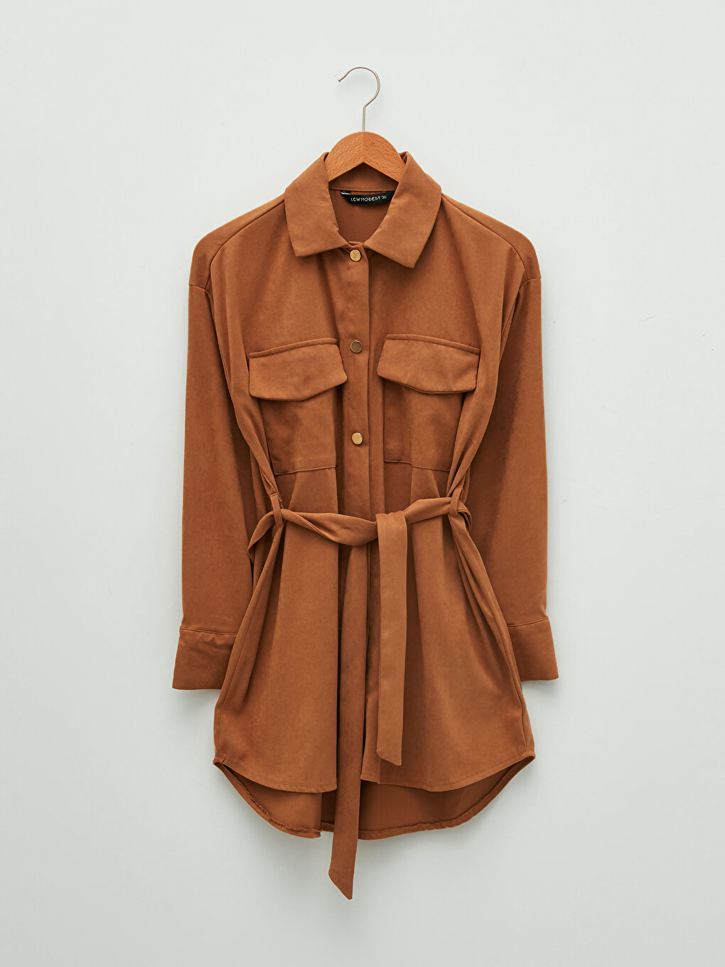 Bej Düz Beli Bağlama Detaylı Uzun Kollu Oversize Süet Kadın Gömlek Tunik-5