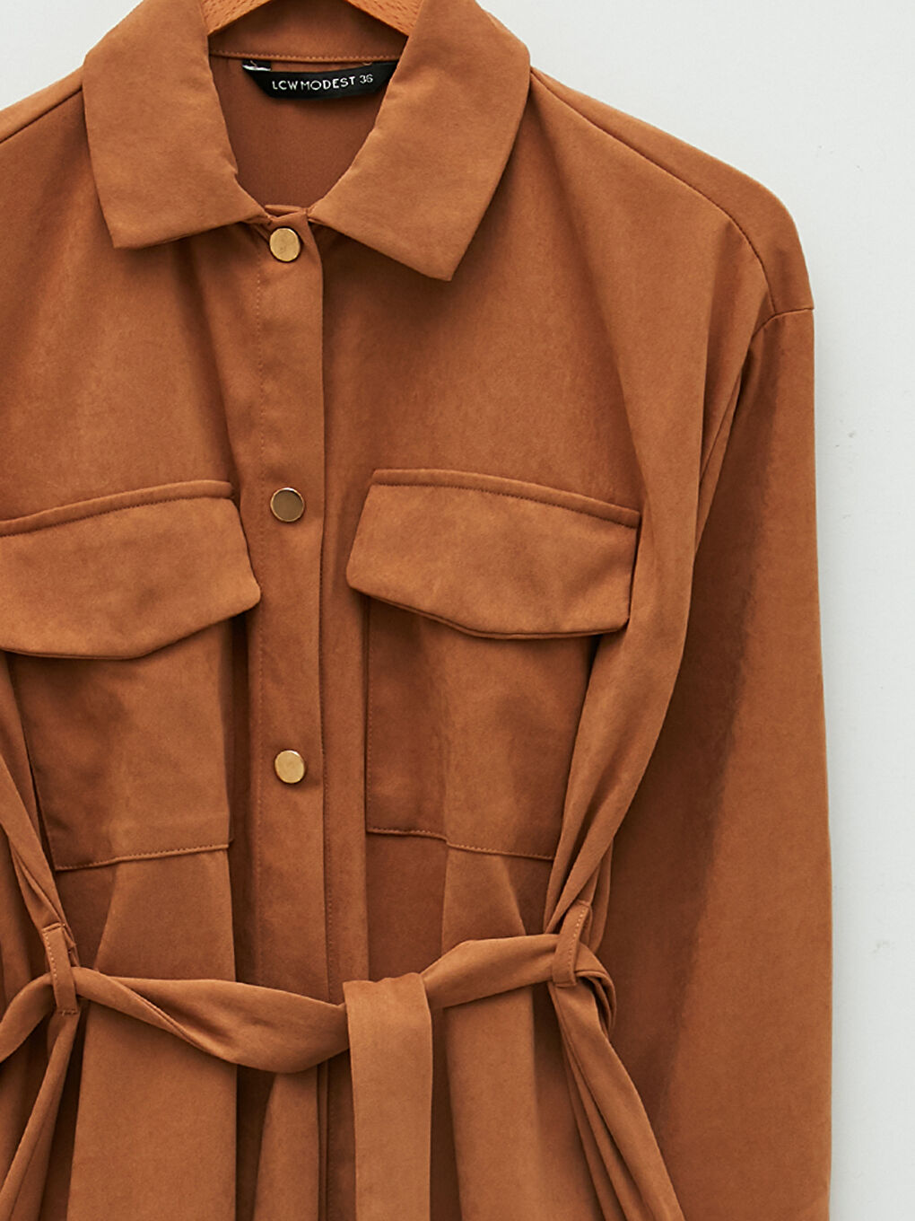 Bej Düz Beli Bağlama Detaylı Uzun Kollu Oversize Süet Kadın Gömlek Tunik-7