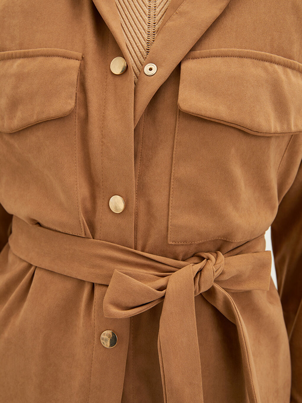 Bej Düz Beli Bağlama Detaylı Uzun Kollu Oversize Süet Kadın Gömlek Tunik-3