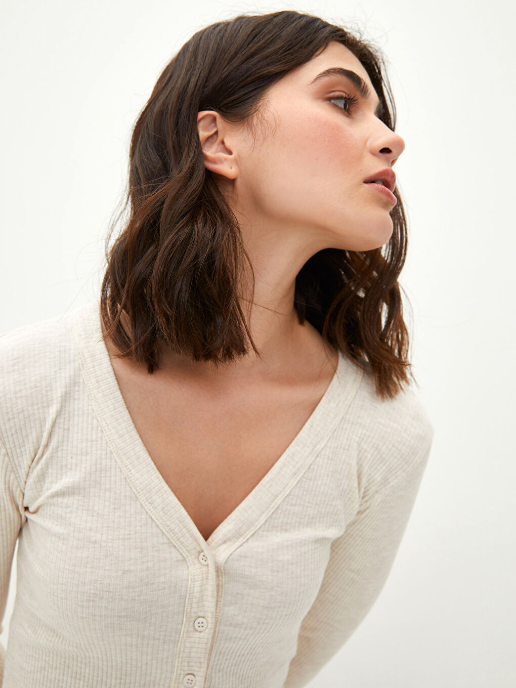 V-Neck Flat Long Sleeve Camisole Fabric Women Cardigan-1