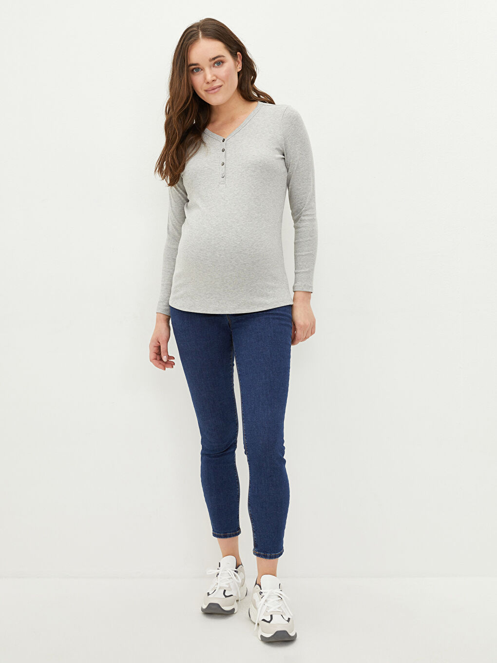 V Neck Plain Long Sleeve Maternity T-Shirt-2