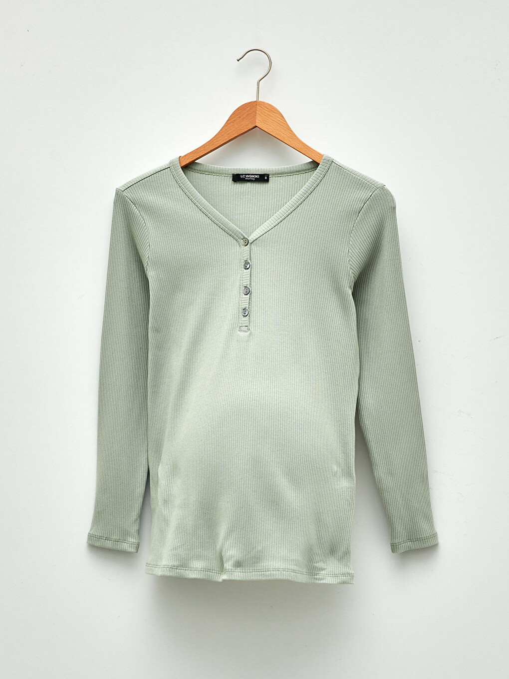V-neck Plain Long Sleeve Cotton Maternity T-shirt-6