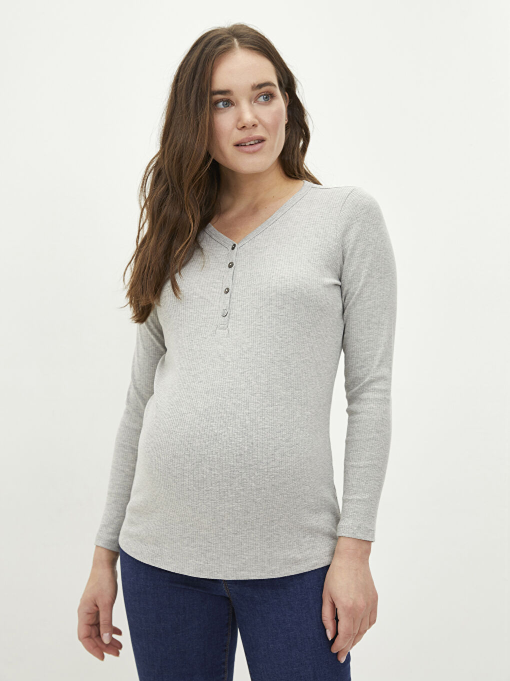 V Neck Plain Long Sleeve Maternity T-Shirt-1
