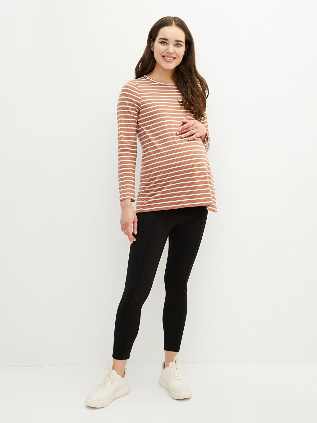 Kahverengi Bisiklet Yaka Çizgili Uzun Kollu Pamuklu Hamile Tişört-1