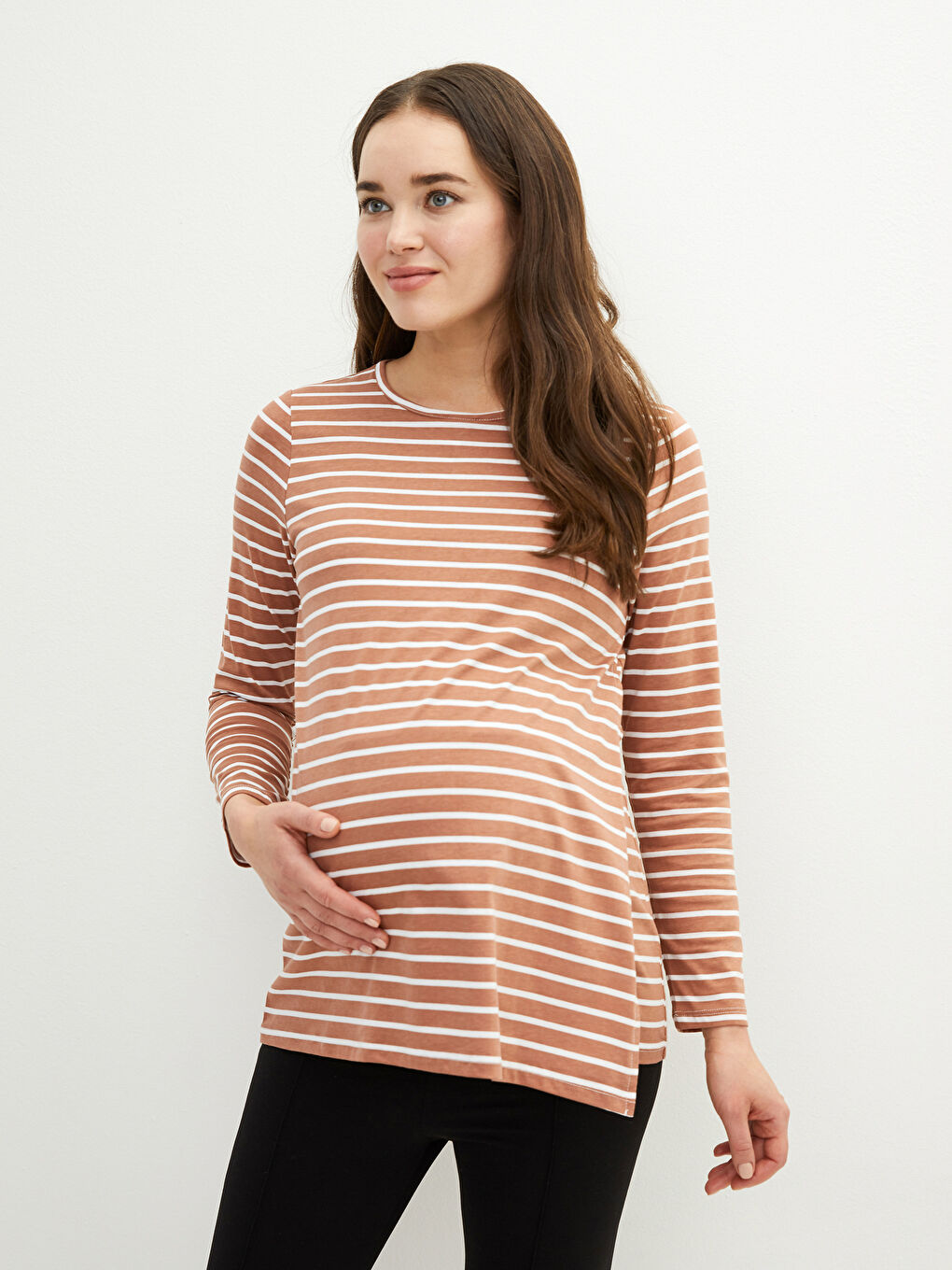 Kahverengi Bisiklet Yaka Çizgili Uzun Kollu Pamuklu Hamile Tişört-2