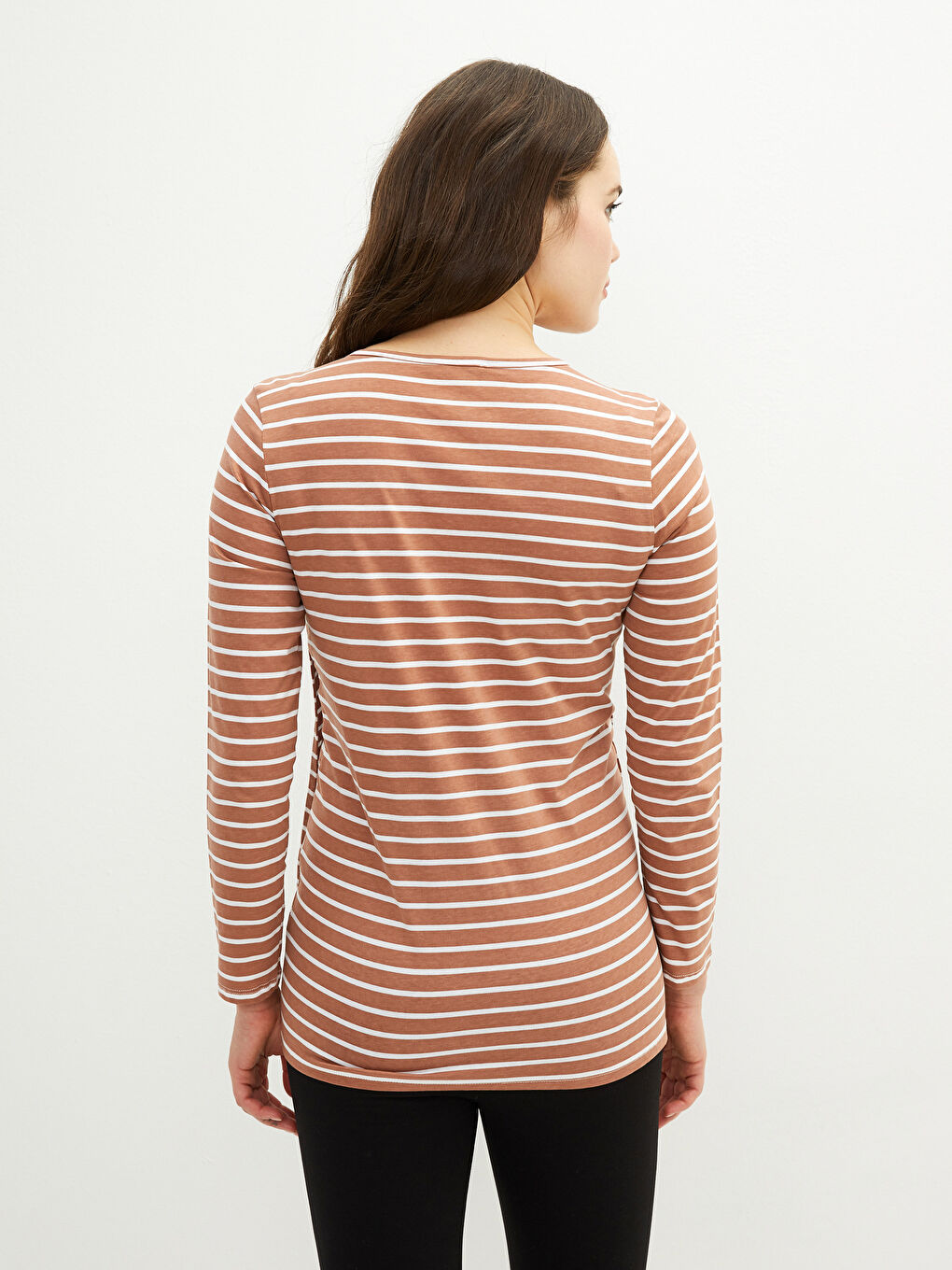 Kahverengi Bisiklet Yaka Çizgili Uzun Kollu Pamuklu Hamile Tişört-4
