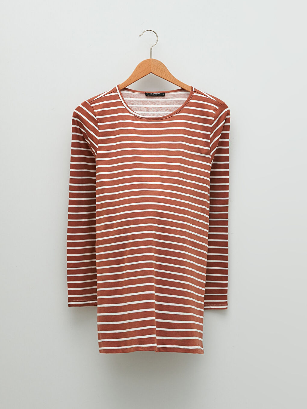 Kahverengi Bisiklet Yaka Çizgili Uzun Kollu Pamuklu Hamile Tişört-5