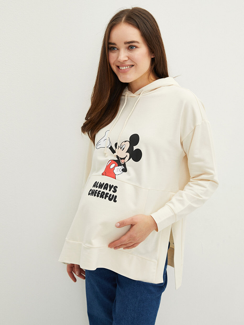 LCWAIKIKI Maternity Ekru Mickey Mouse Baskılı Uzun Kollu Hamile Hoodie - 1