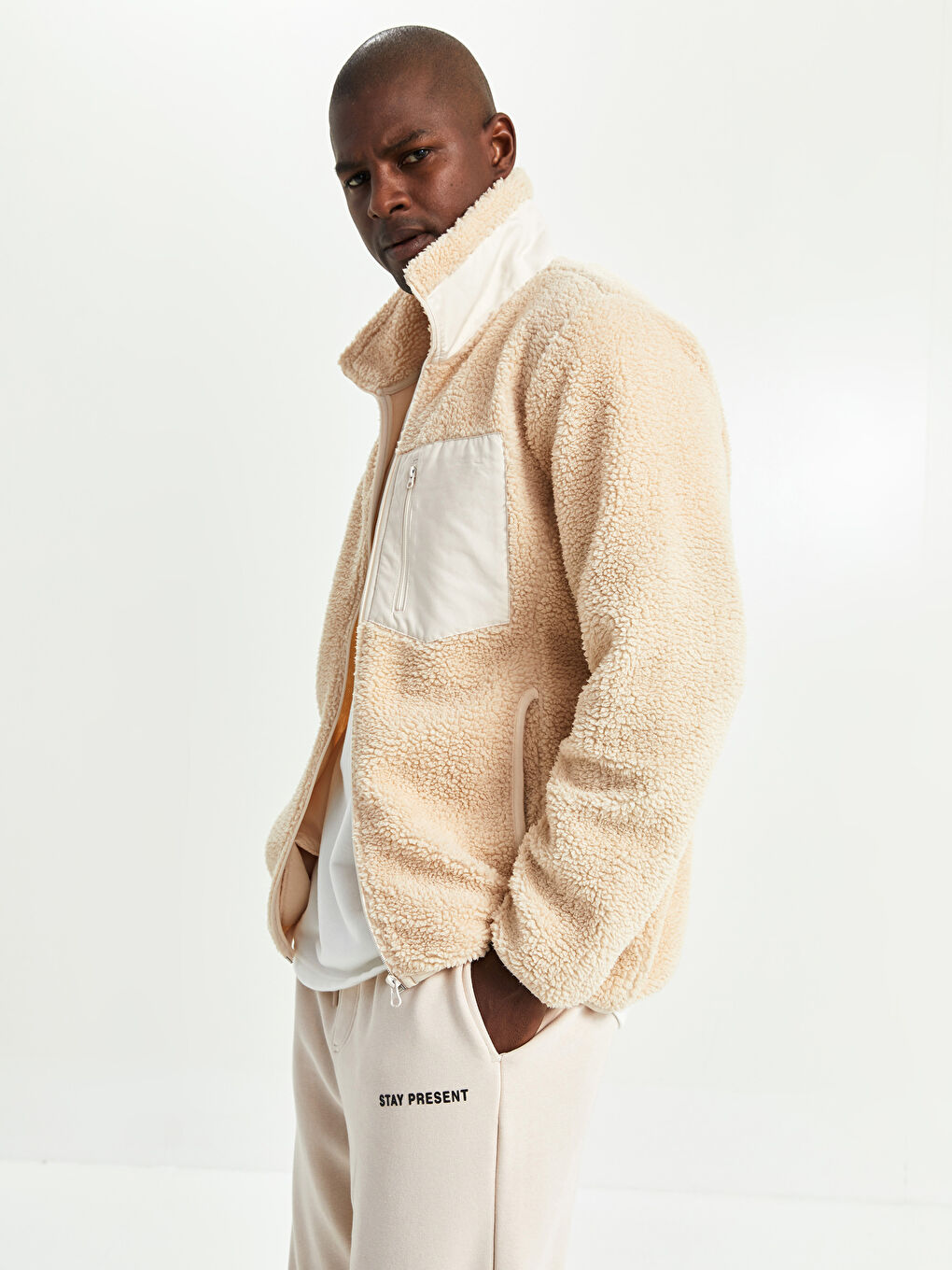 XSIDE Stand Collar Long Sleeve Plush Men's Coat - W1KA84Z8-SAT