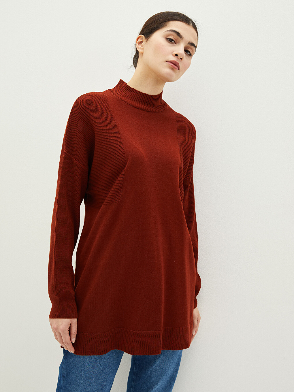 Half Turtleneck Patterned Long Sleeve Oversize Women's Knitwear Tunic-1