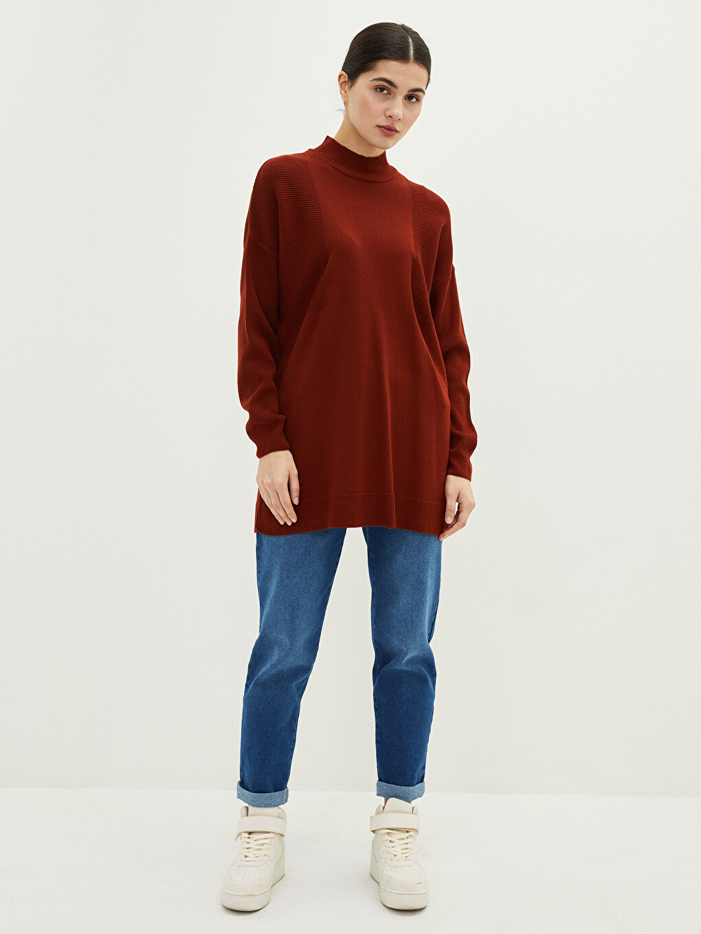 Half Turtleneck Patterned Long Sleeve Oversize Women's Knitwear Tunic-2