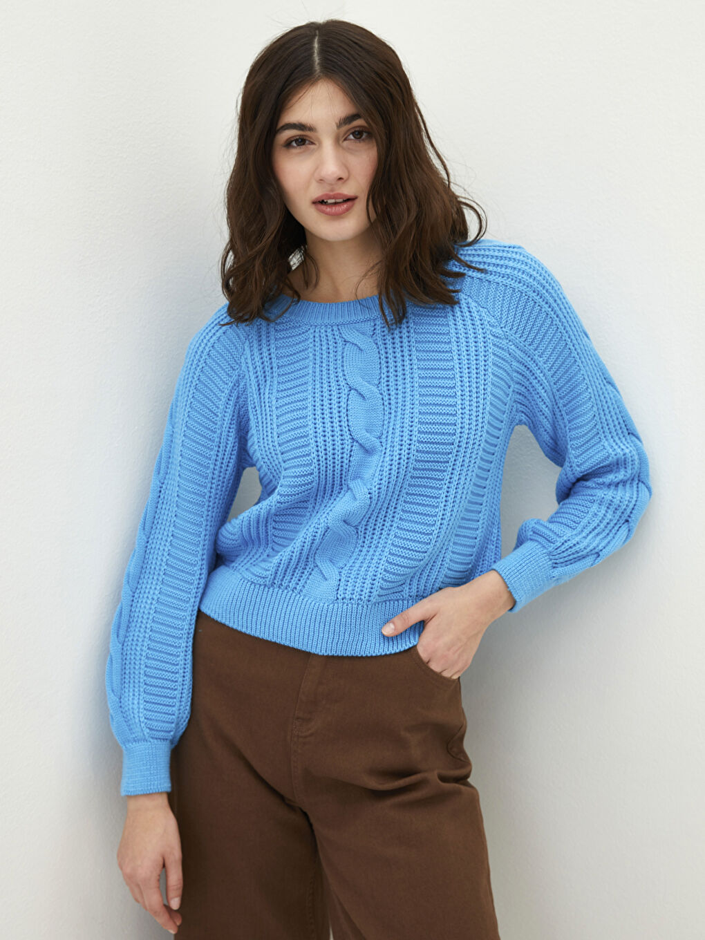 Mavi Bisiklet Yaka Kendinden Desenli Uzun Kollu Kadın Triko Kazak