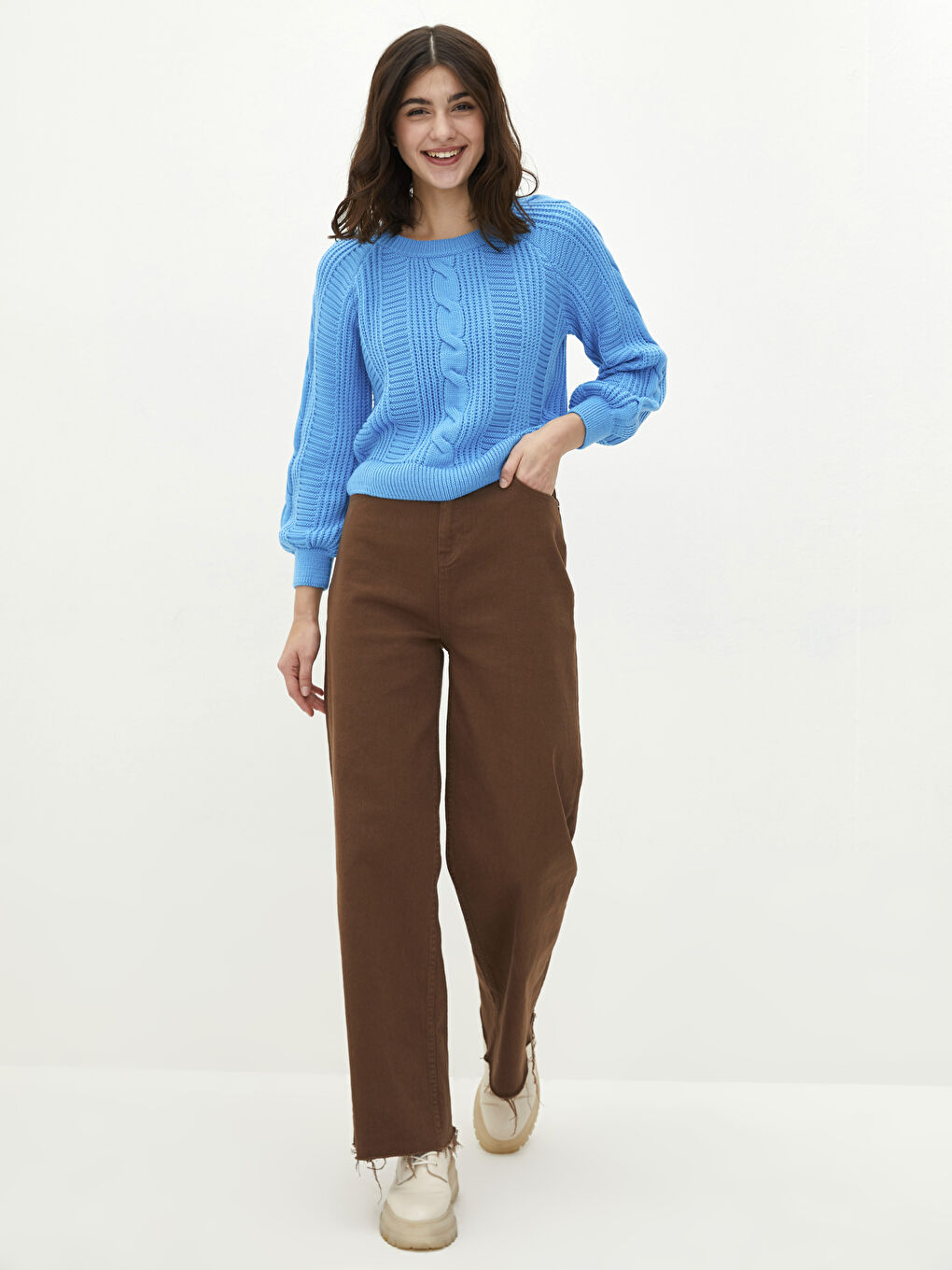 Mavi Bisiklet Yaka Kendinden Desenli Uzun Kollu Kadın Triko Kazak-2