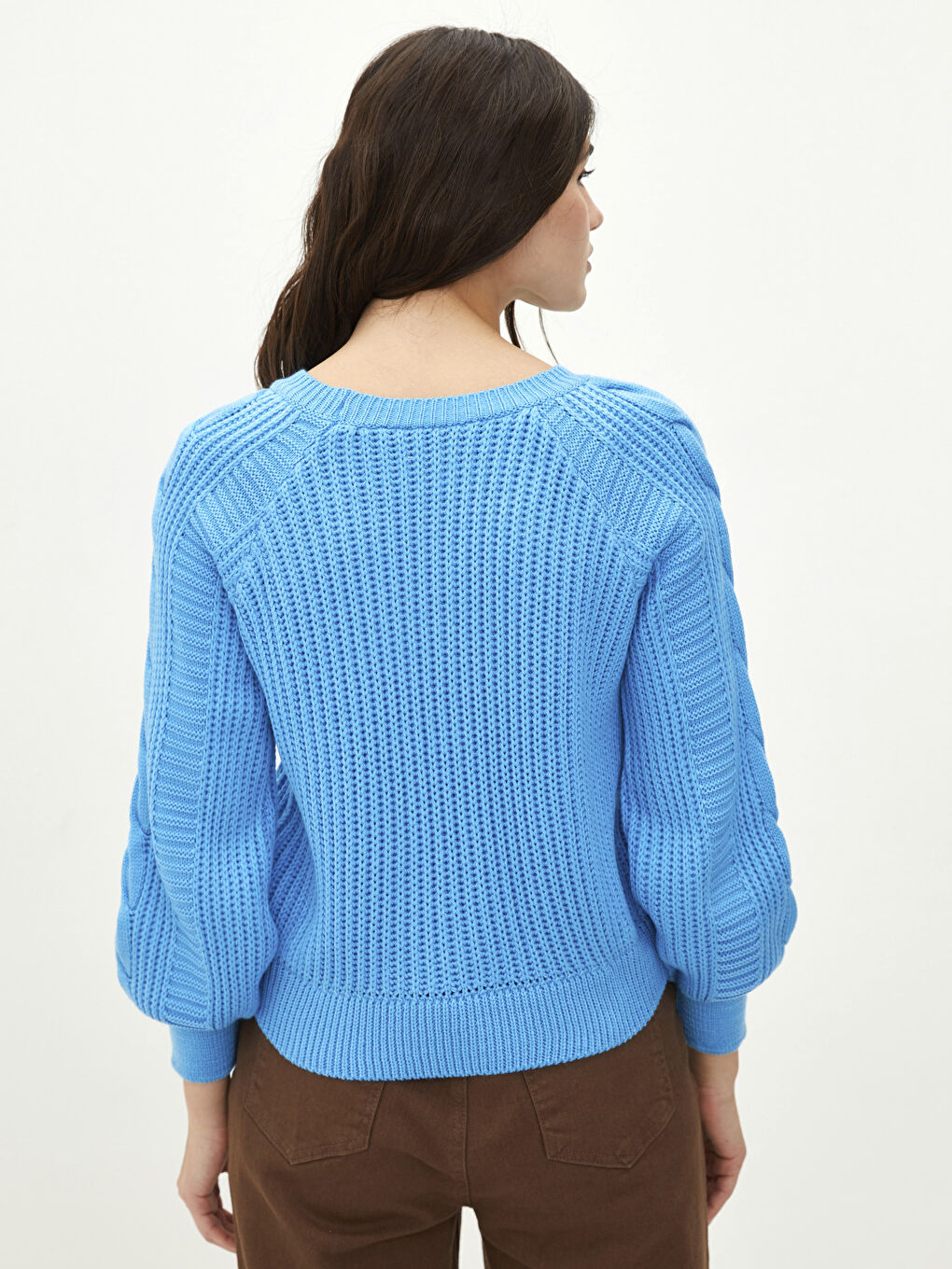 Mavi Bisiklet Yaka Kendinden Desenli Uzun Kollu Kadın Triko Kazak-4