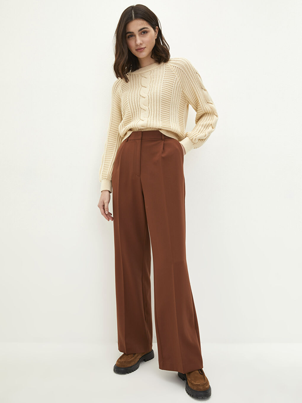 Ekru Bisiklet Yaka Kendinden Desenli Uzun Kollu Kadın Triko Kazak-2