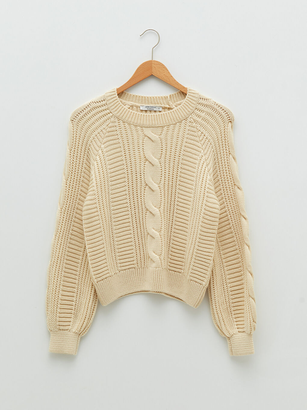 Ekru Bisiklet Yaka Kendinden Desenli Uzun Kollu Kadın Triko Kazak-5