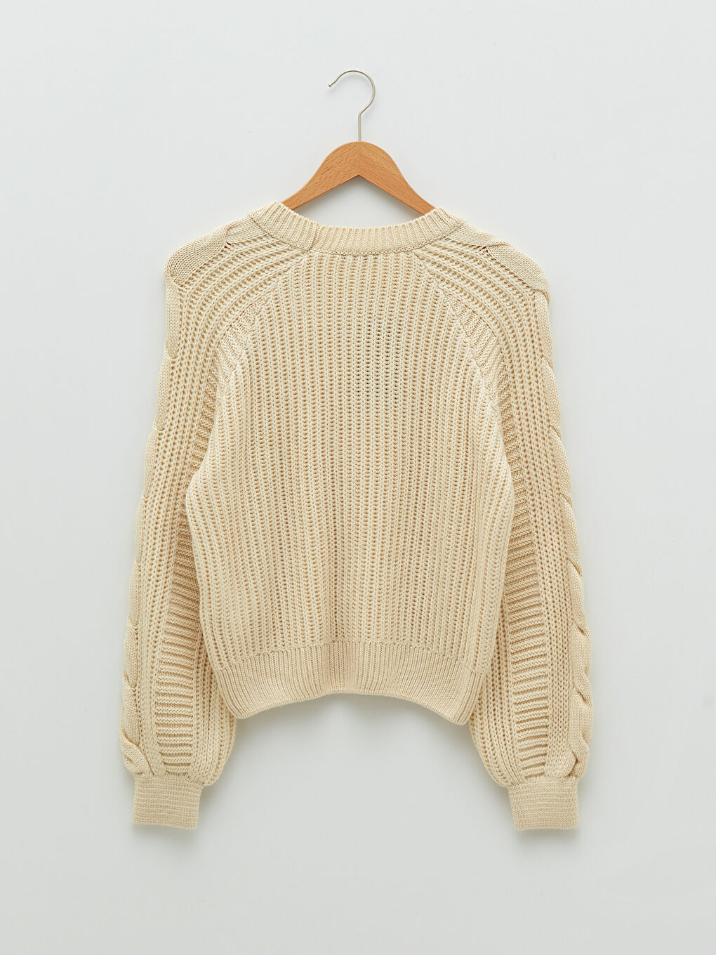 Ekru Bisiklet Yaka Kendinden Desenli Uzun Kollu Kadın Triko Kazak-6