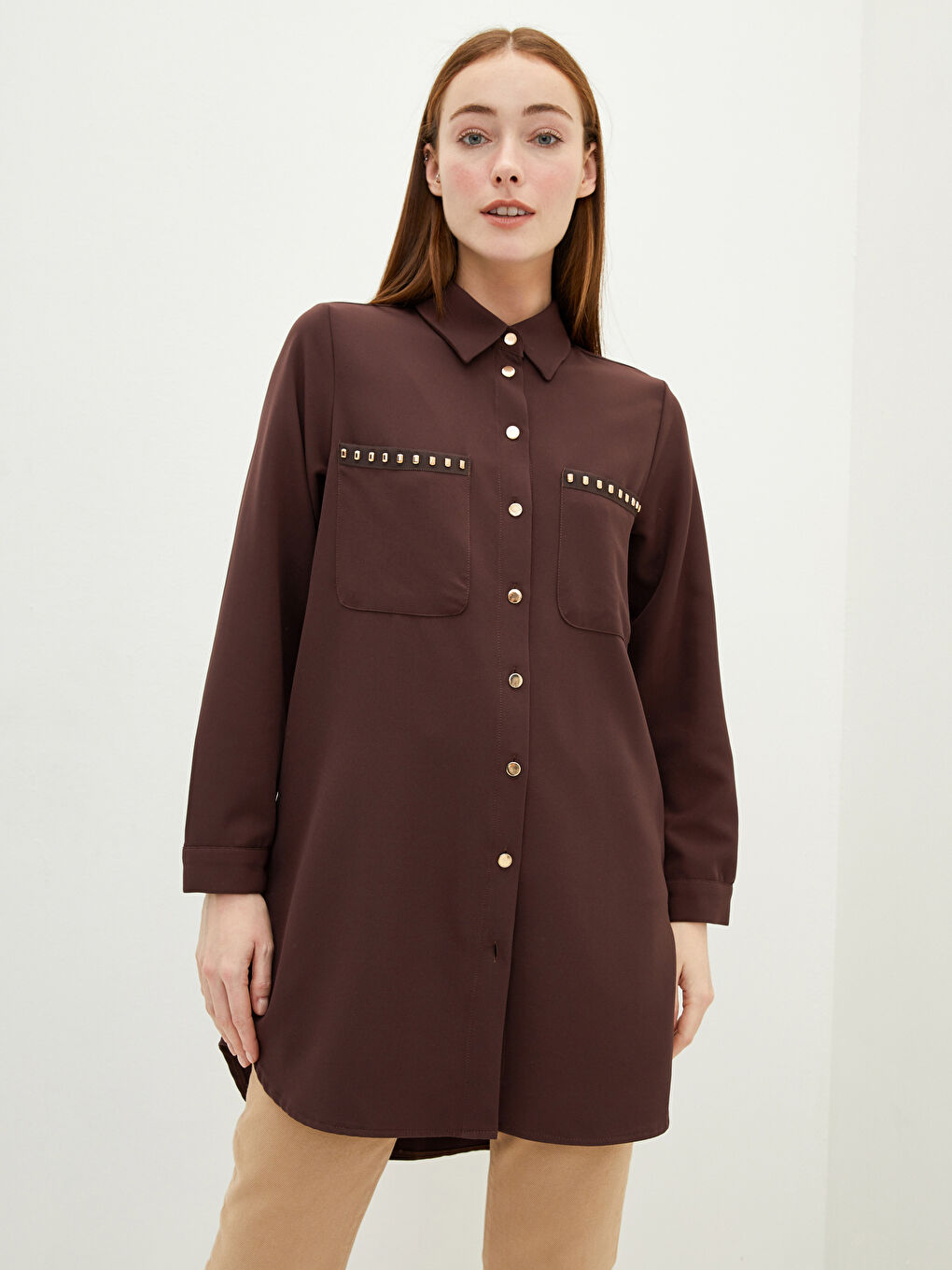 قميص تونيك للسيدات كم طويل مزين بحجر لامع دابي