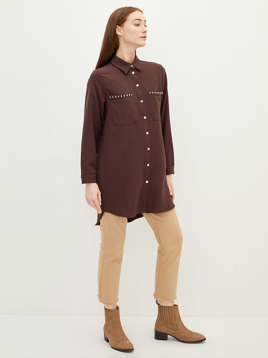 قميص تونيك للسيدات كم طويل مزين بحجر لامع دابي-1