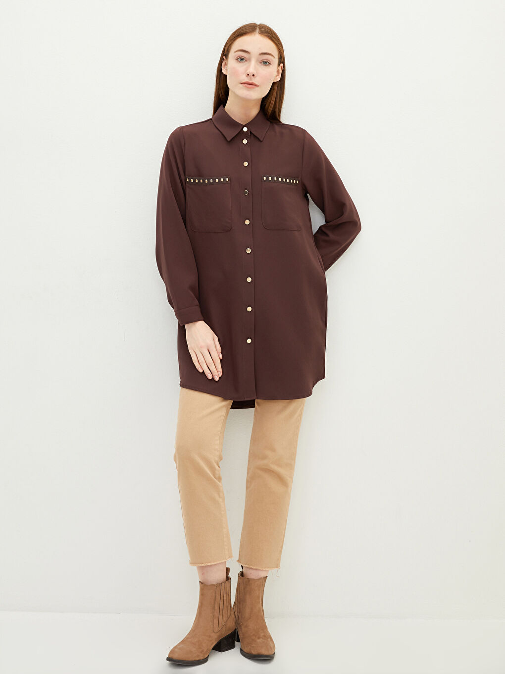 قميص تونيك للسيدات كم طويل مزين بحجر لامع دابي-2