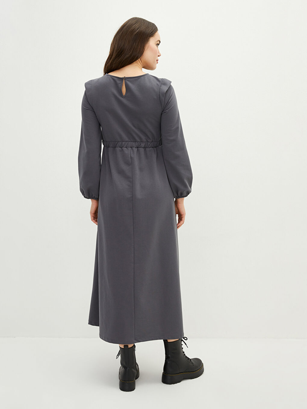 Gri Bisiklet Yaka Düz Beli Bağlama Detaylı Uzun Kollu Hamile Elbise-3