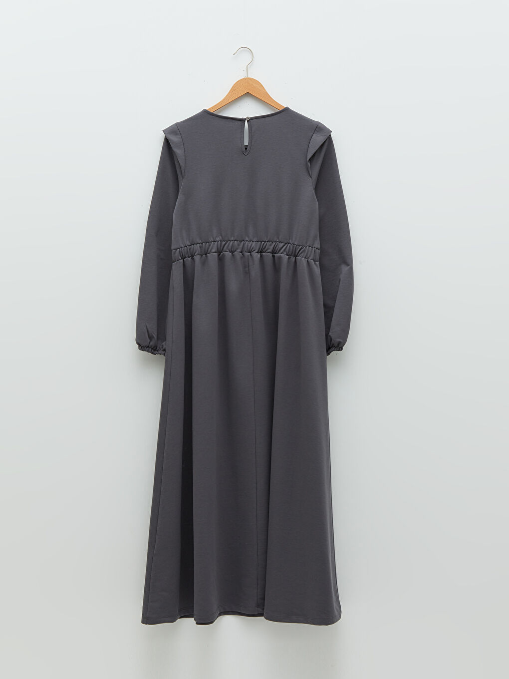 Gri Bisiklet Yaka Düz Beli Bağlama Detaylı Uzun Kollu Hamile Elbise-5