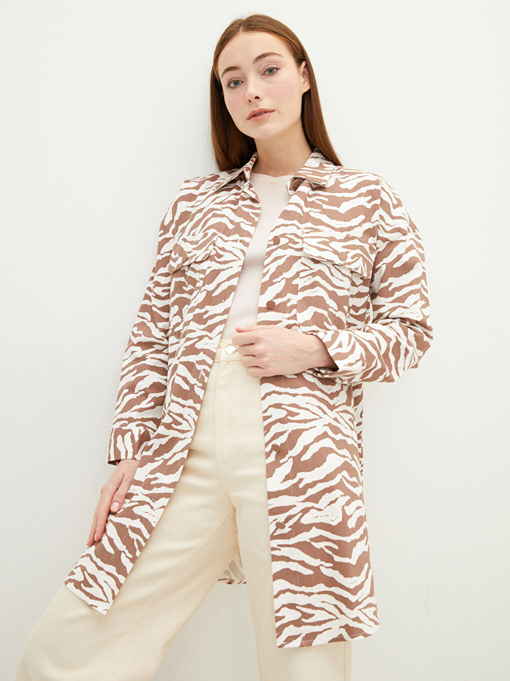 LCW Modest Desenli Uzun Kollu Gabardin Oversize Kadın Gömlek Tunik -W1KC28Z8-LQY
