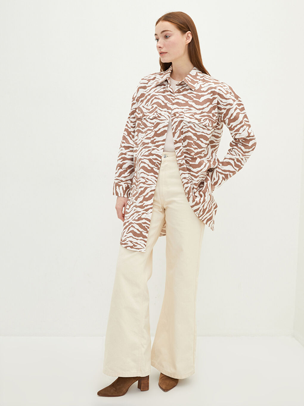 LCW Modest Desenli Uzun Kollu Gabardin Oversize Kadın Gömlek Tunik -W1KC28Z8-LQY