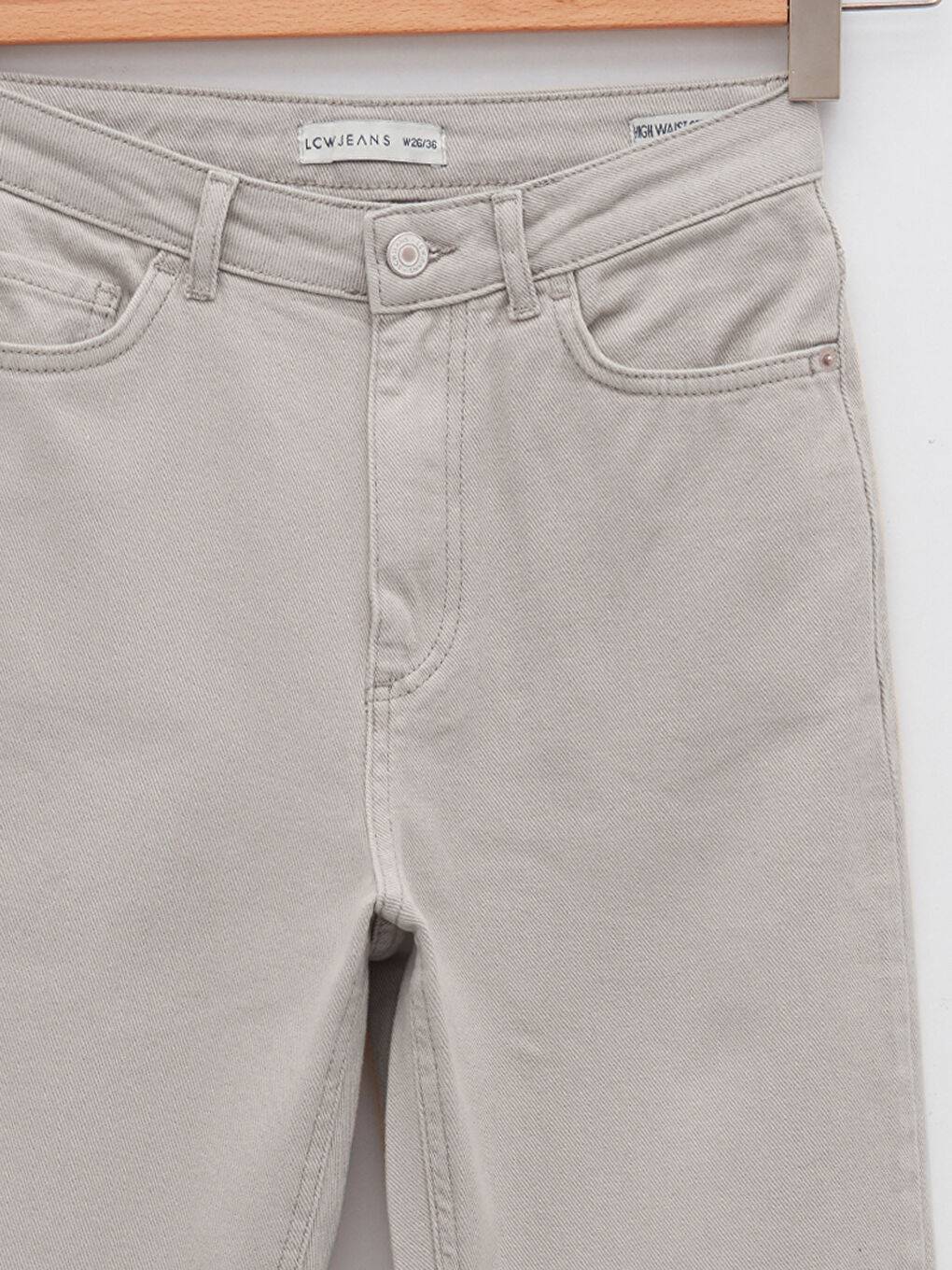 Bej Yüksek Bel Straight Fit Düz Cep Detaylı Kadın Jean Pantolon-8