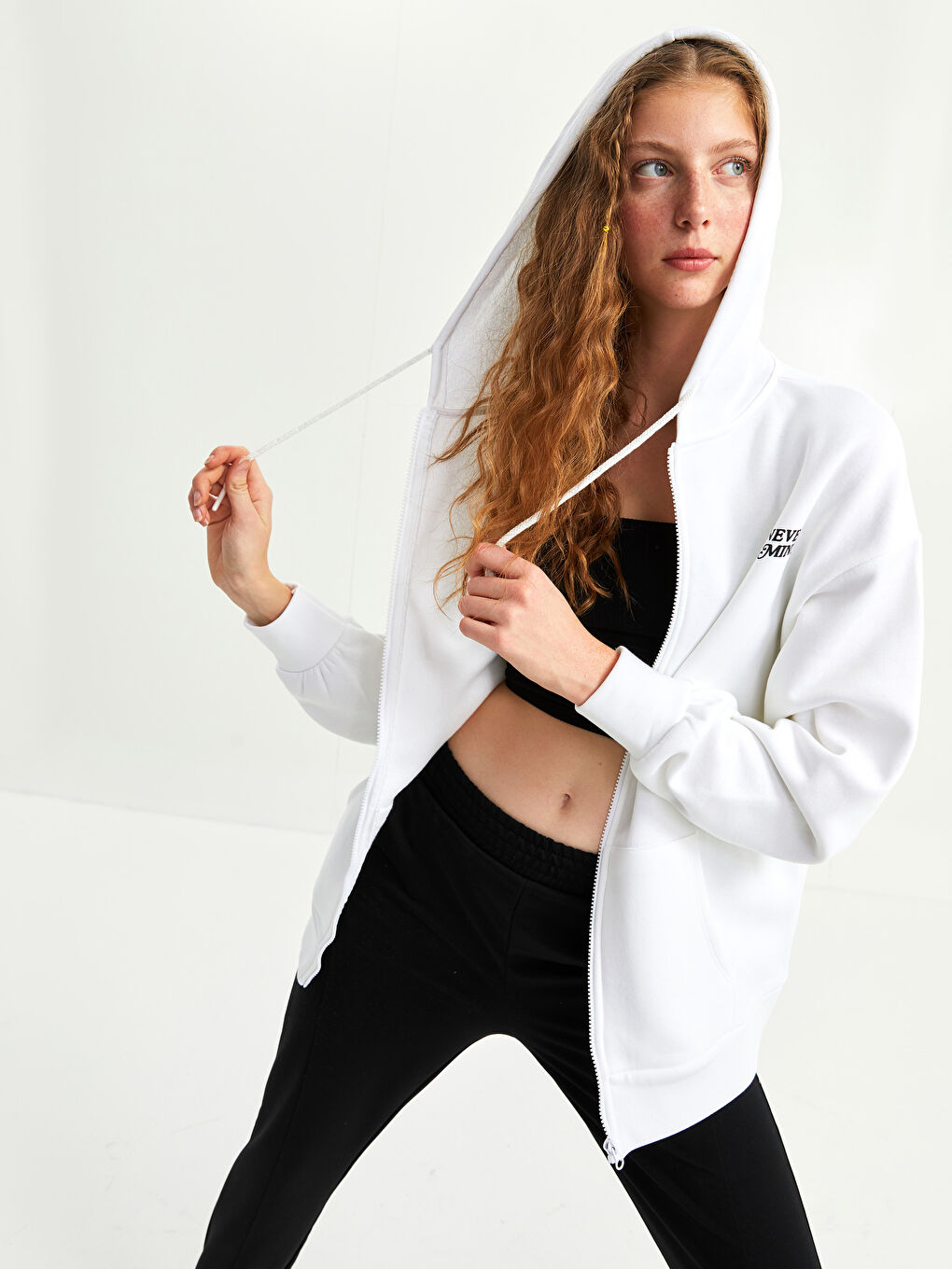 Hooded Text Printed Women's Thick Sports Cardigan-1