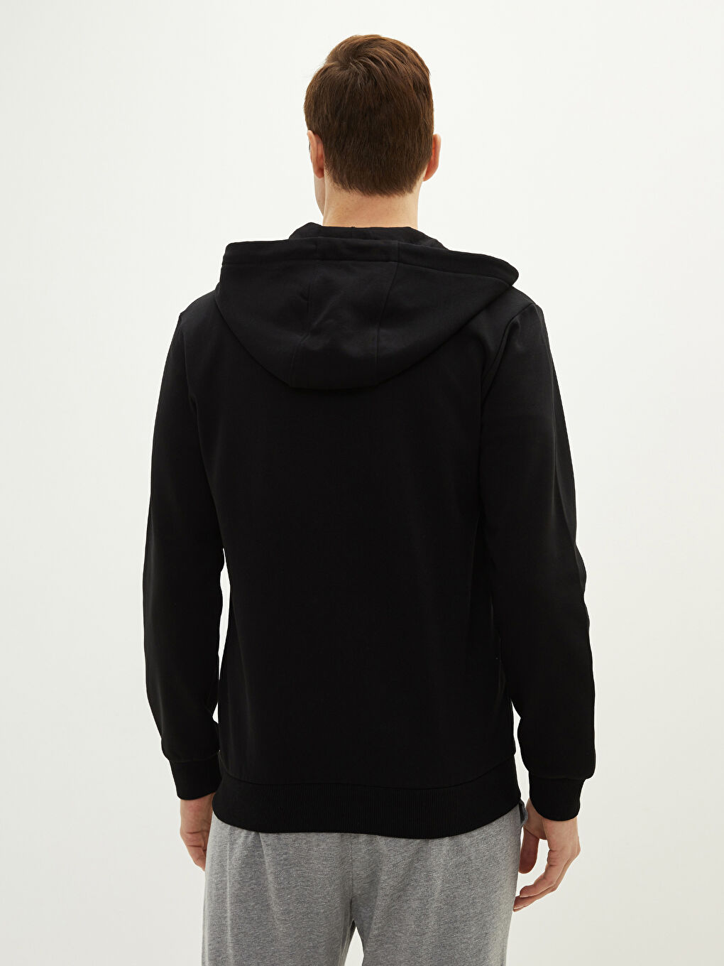 Siyah Kapüşonlu Uzun Kollu Erkek Fermuarlı Sweatshirt-3