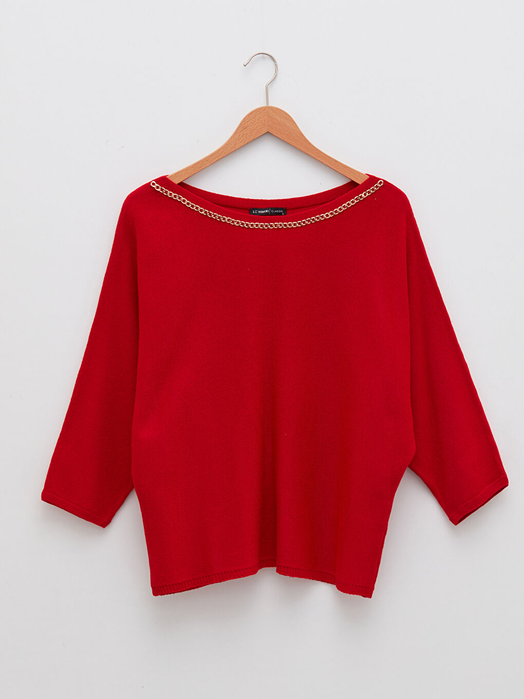 Kırmızı Kayık Yaka Zincir Detaylı Kadın Triko Kazak-5