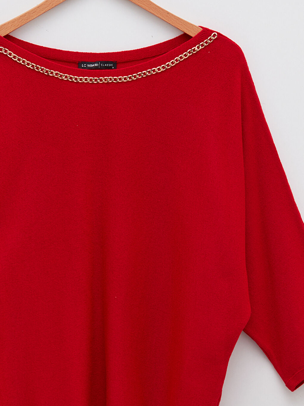 Kırmızı Kayık Yaka Zincir Detaylı Kadın Triko Kazak-7