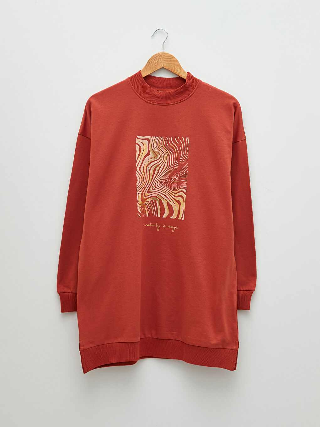 Kahverengi Dik Yaka Baskılı Oversize Kadın Kalın Sweatshirt Tunik-4