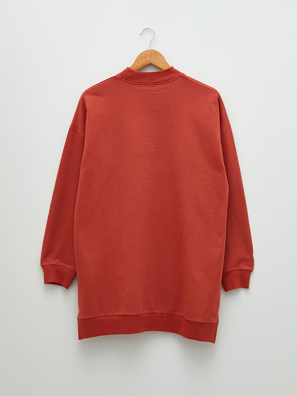 Kahverengi Dik Yaka Baskılı Oversize Kadın Kalın Sweatshirt Tunik-5
