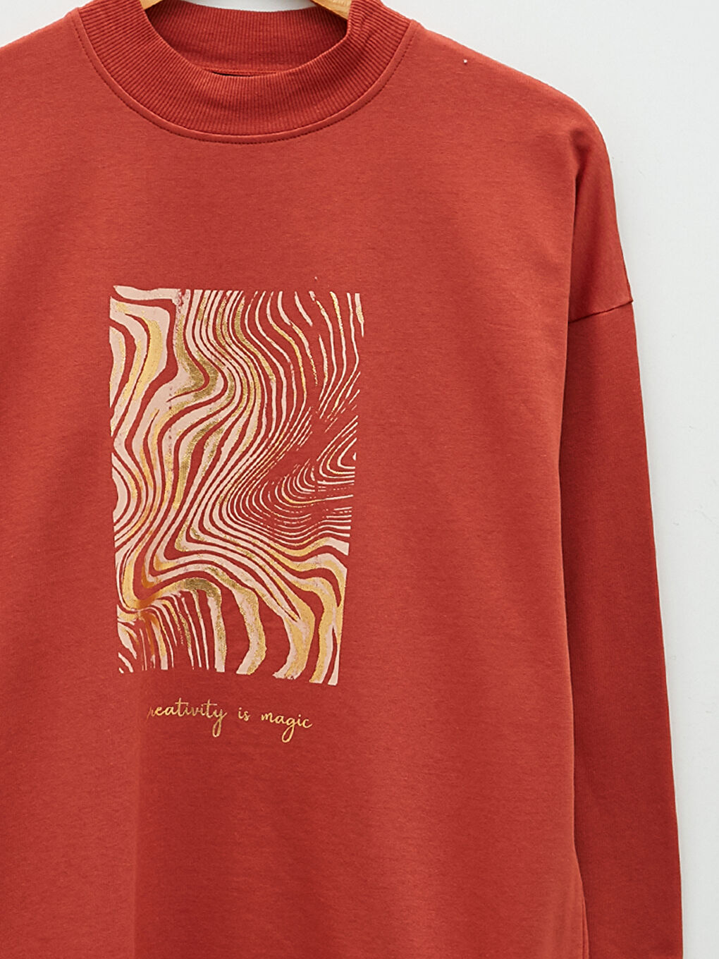 Kahverengi Dik Yaka Baskılı Oversize Kadın Kalın Sweatshirt Tunik-6