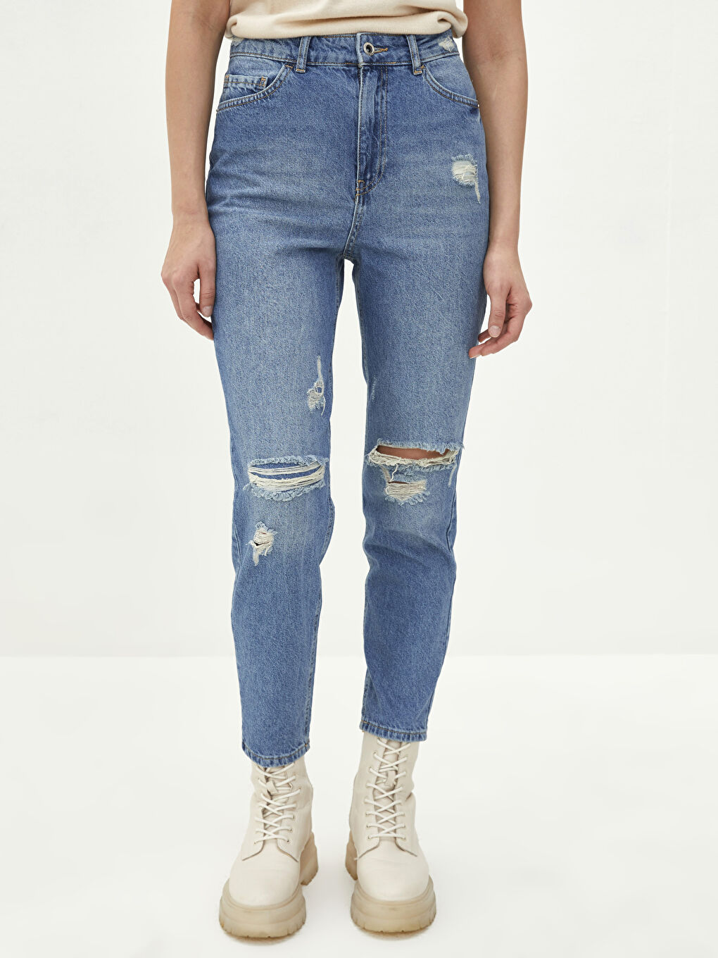 سروال دينيم روديو بجيوب مفصلة موم فيت بخصر مرتفع نساء-2